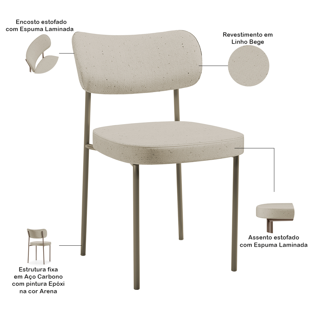 Cadeira Decorativa Sala De Jantar Melina Base Arena L02 Linho Bege - Lyam Decor