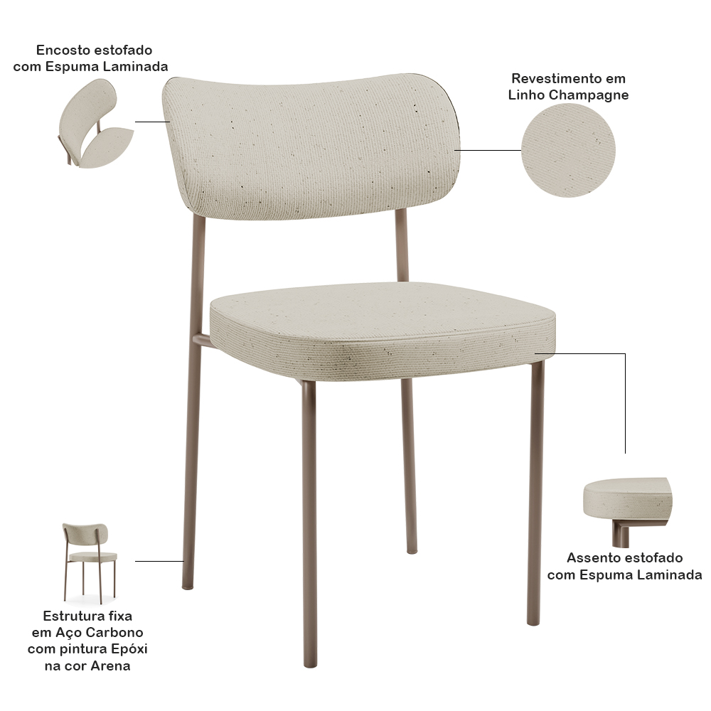Cadeira Decorativa Sala De Jantar Melina Base Arena L02 Linho Champagne - Lyam Decor
