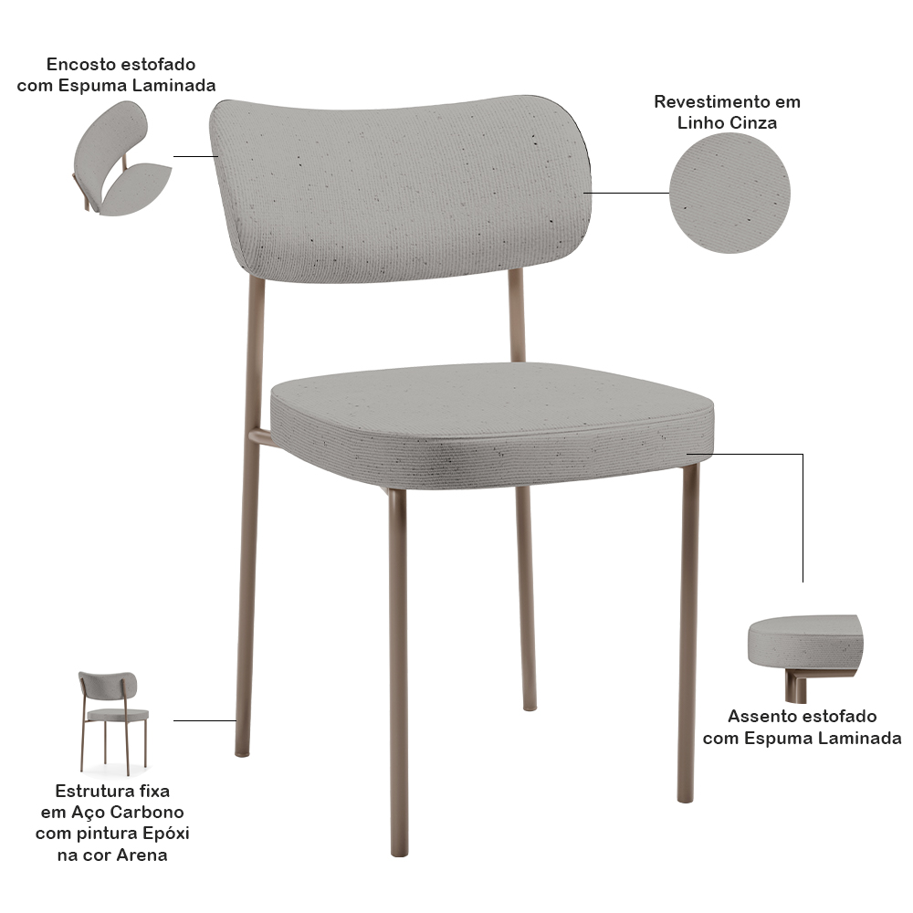 Cadeira Decorativa Sala De Jantar Melina Base Arena L02 Linho Cinza - Lyam Decor