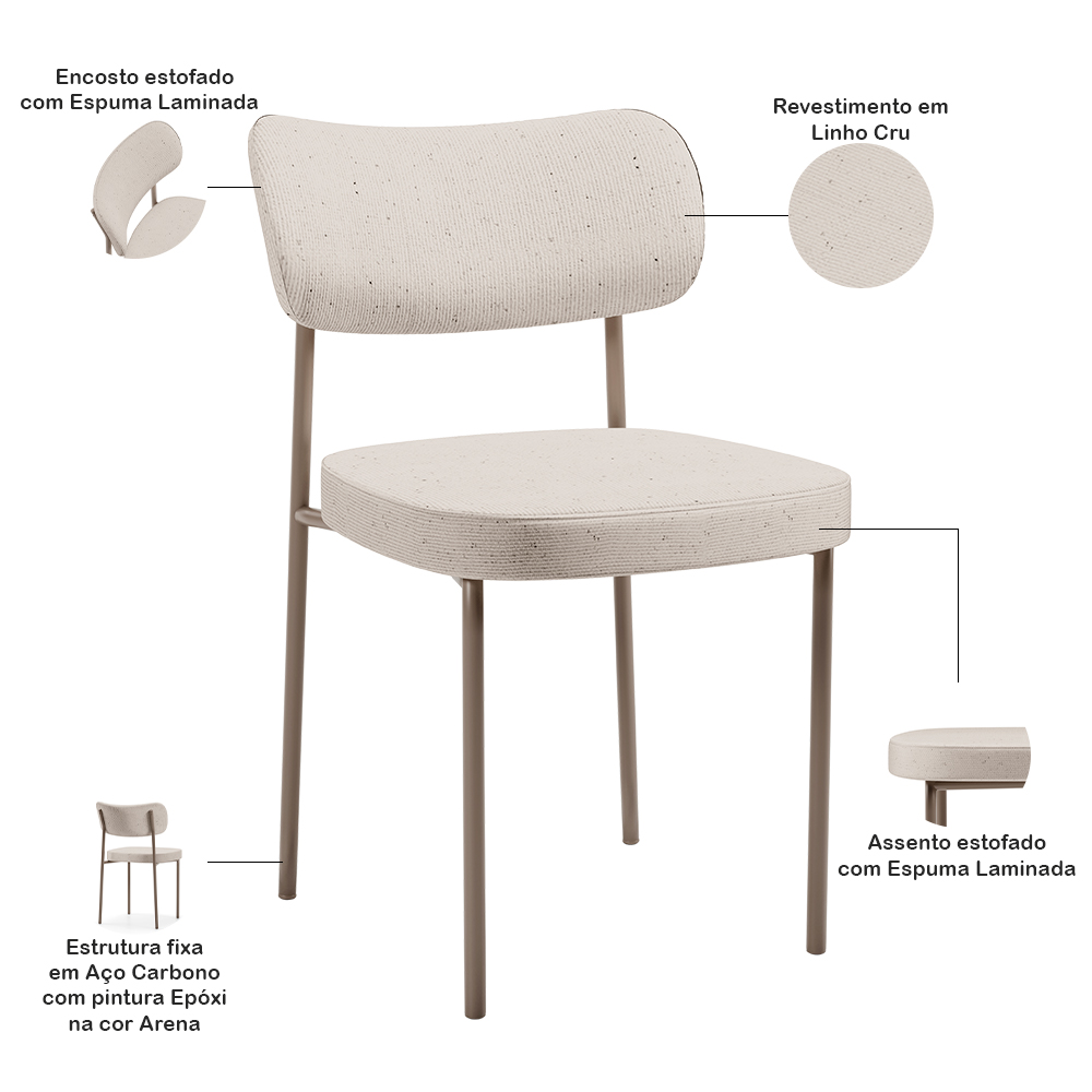 Cadeira Decorativa Sala De Jantar Melina Base Arena L02 Linho Cru - Lyam Decor