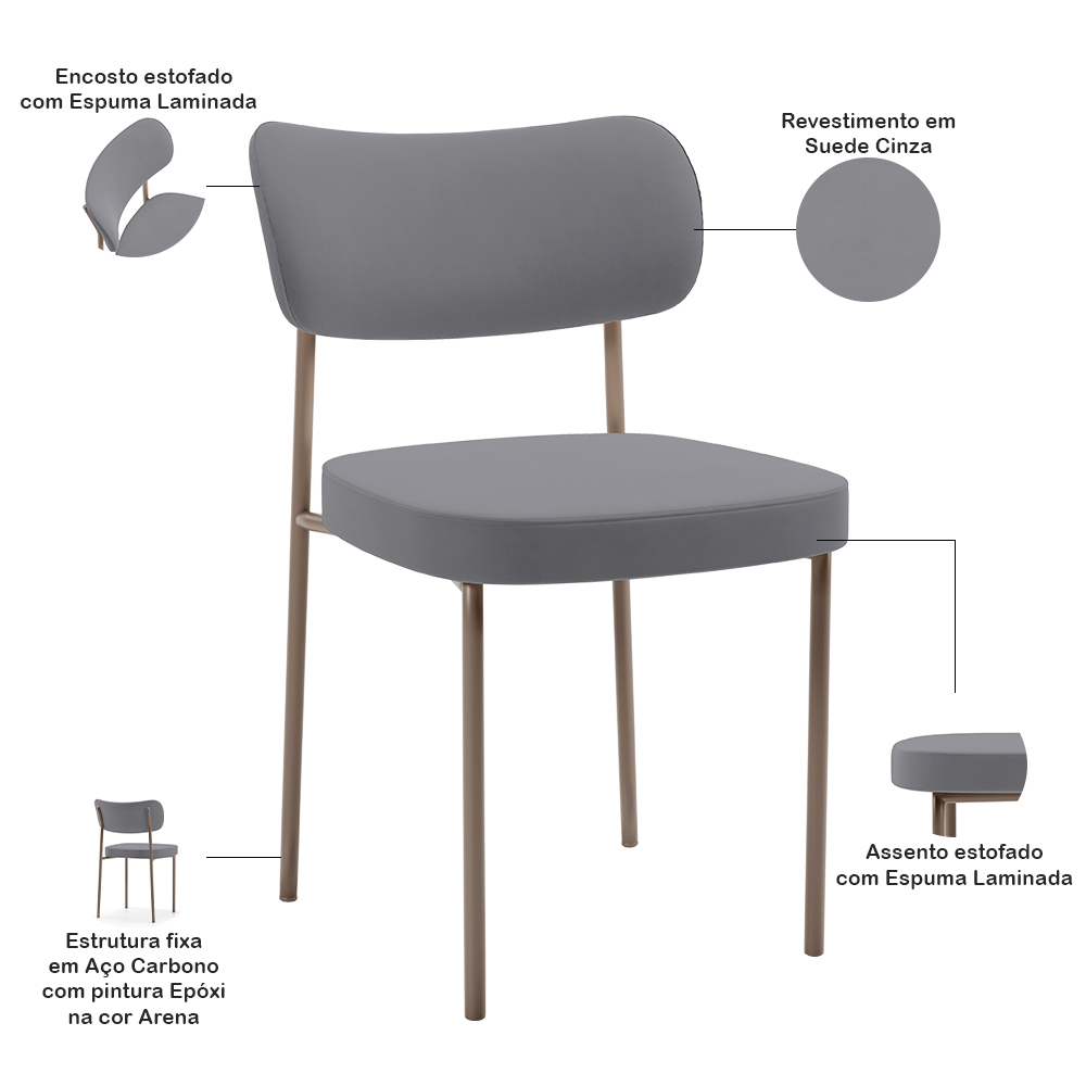 Cadeira Decorativa Sala De Jantar Melina Base Arena L02 Suede Cinza - Lyam Decor