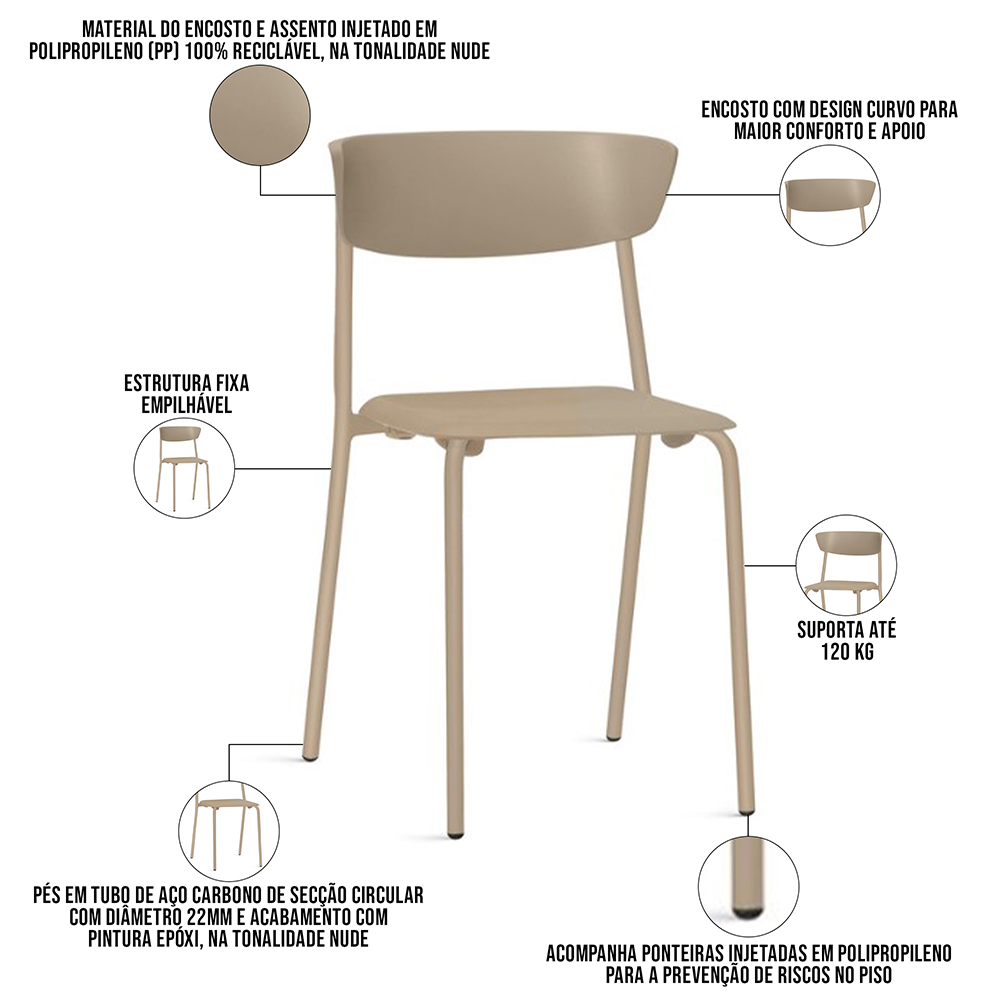 Cadeira Empilhável Fixa Atom F02 Base Aço Nude - Lyam Decor