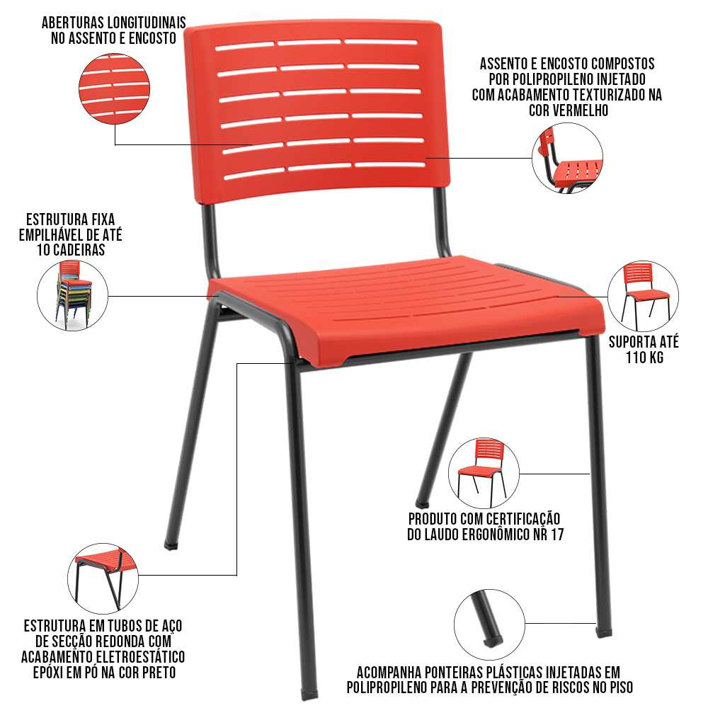 Cadeira Empilhável Fixa Escritório Multiuso Base Preta Kimi P03 Vermelho - Lyam Decor