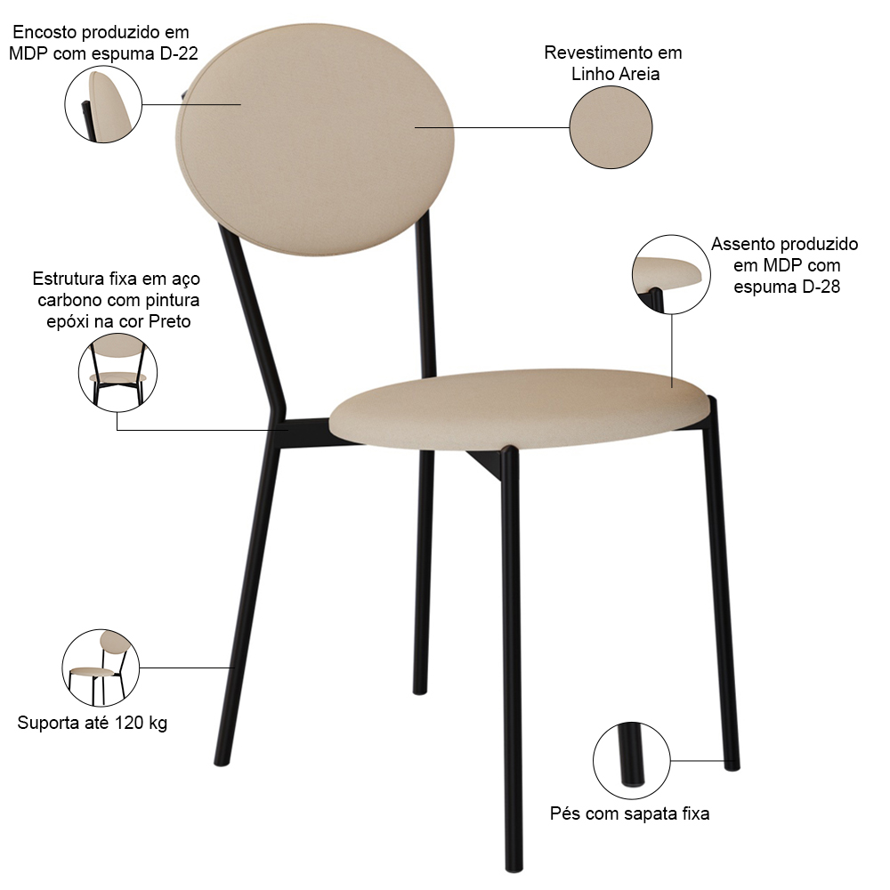 Cadeira Estofada Para Sala de Jantar Azuri Preto C01 Linho Areia - Lyam Decor