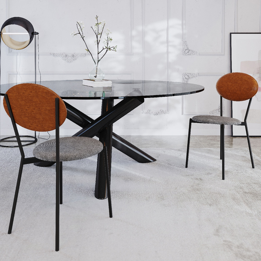 Cadeira Estofada Para Sala de Jantar Azuri Preto C01 Linho Prata Courino Caramelo - Lyam Decor