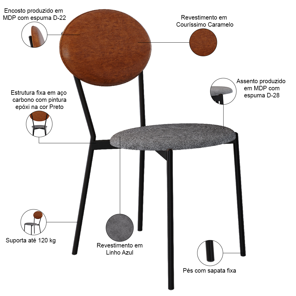Cadeira Estofada Para Sala de Jantar Azuri Preto C01 Linho Prata Courino Caramelo - Lyam Decor