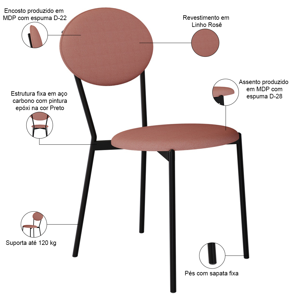 Cadeira Estofada Para Sala de Jantar Azuri Preto C01 Linho Rosê - Lyam Decor