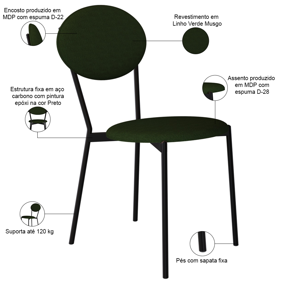 Cadeira Estofada Para Sala de Jantar Azuri Preto C01 Linho Verde Musgo - Lyam Decor