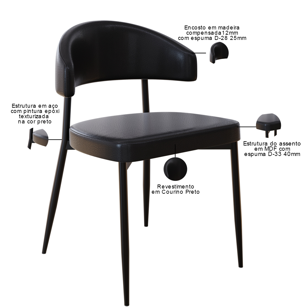 Cadeira Estofada Para Sala de Jantar Serena Preto C01 Courino Preto - Lyam Decor