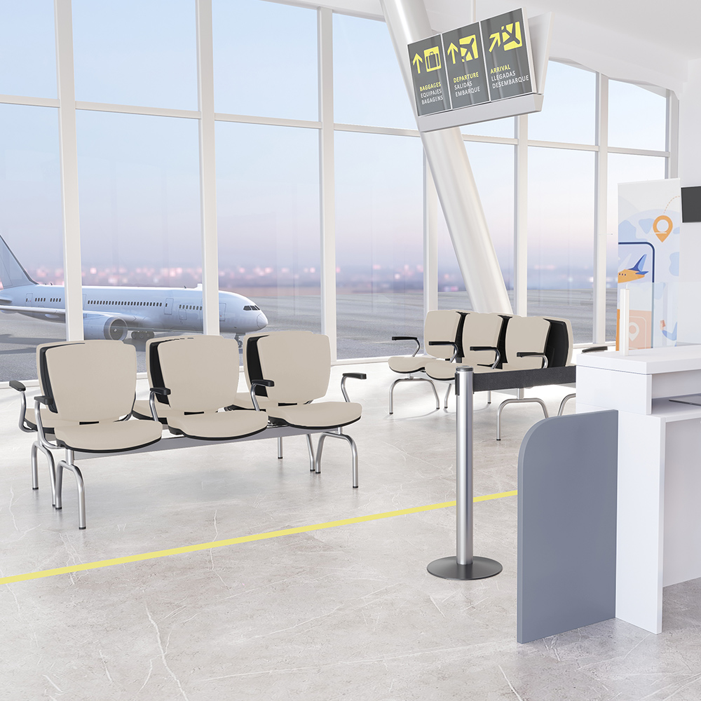 Cadeira Longarina 3 Lugares Aeroporto Recepção Cromado Baixa Flexi P03 Vinil Bege - Lyam