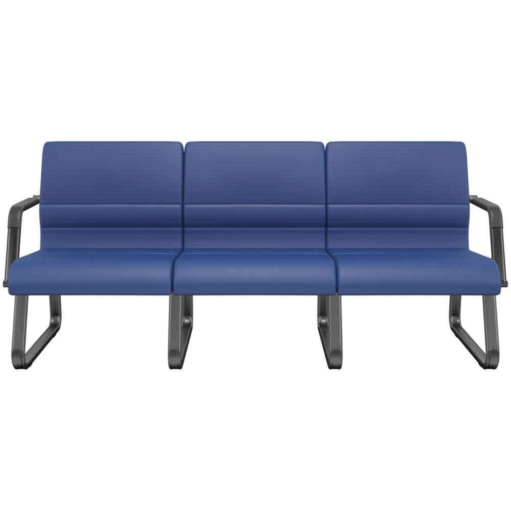 Cadeira Longarina 3 Lugares Recepção com Braço Pés Preto Lev P03 Vinil Azul - Lyam Decor