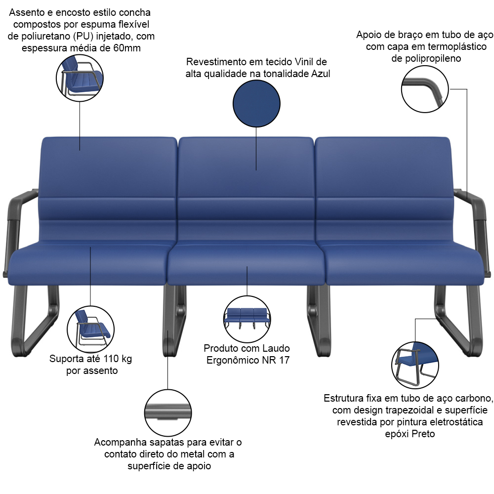 Cadeira Longarina 3 Lugares Recepção com Braço Pés Preto Lev P03 Vinil Azul - Lyam Decor