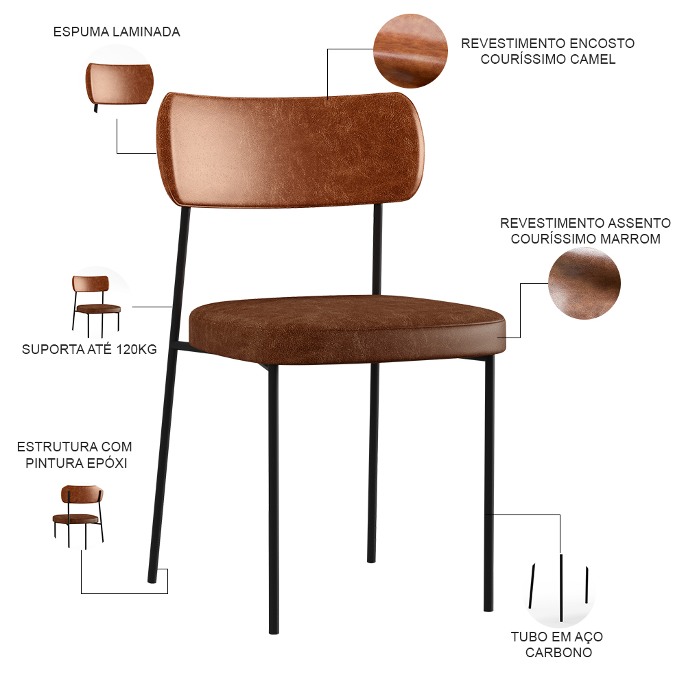 Cadeira Para Cozinha Sala De Jantar Melina L02 Couríssimo Camel Couríssimo Marrom - Lyam Decor