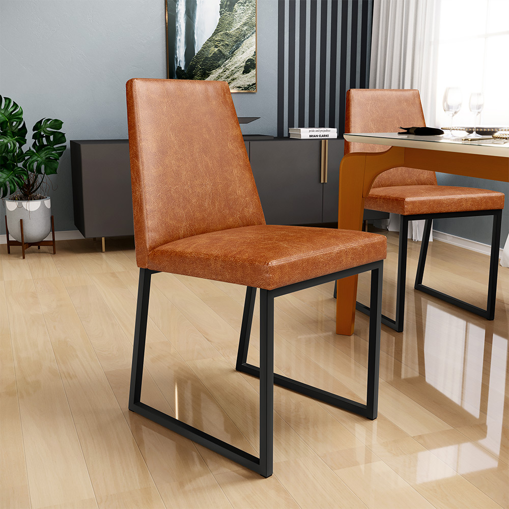 Cadeira Para Sala De Jantar Base Aço Industrial Preto Dafne L02 Couríssimo Camel - Lyam Decor