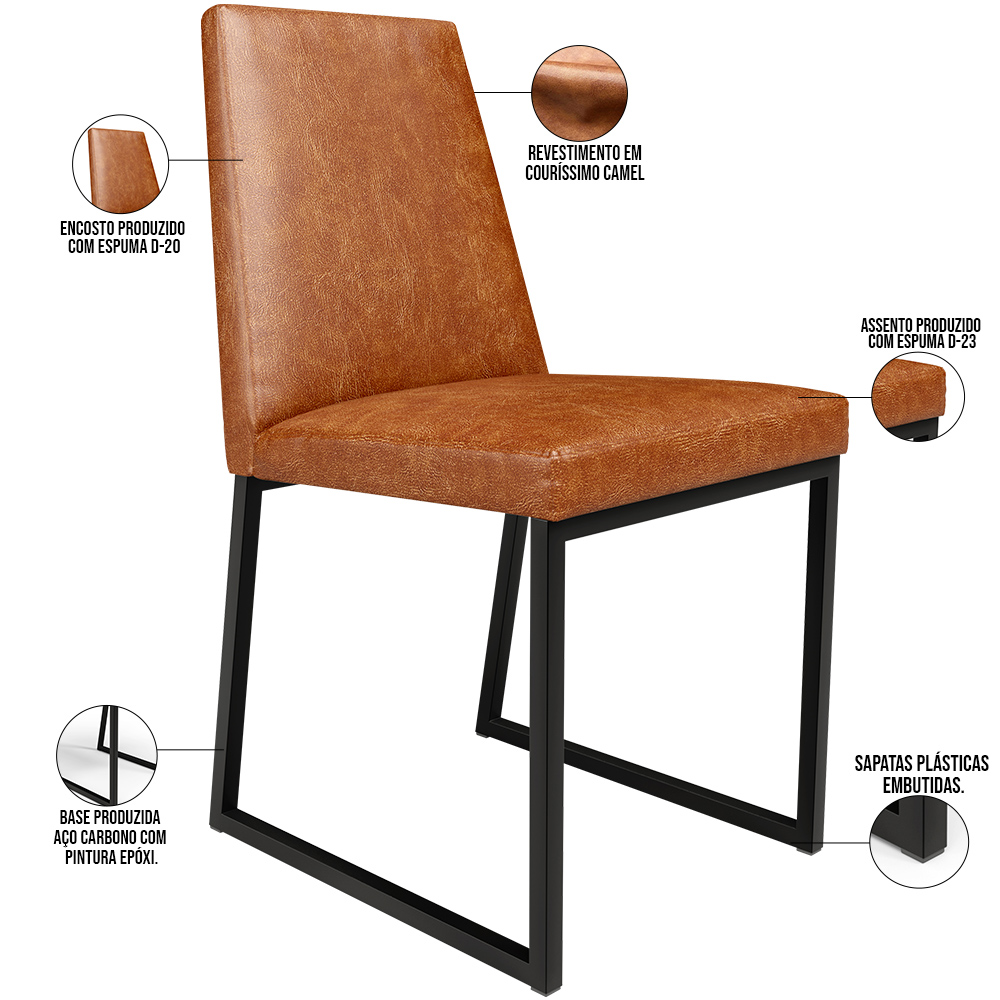 Cadeira Para Sala De Jantar Base Aço Industrial Preto Dafne L02 Couríssimo Camel - Lyam Decor