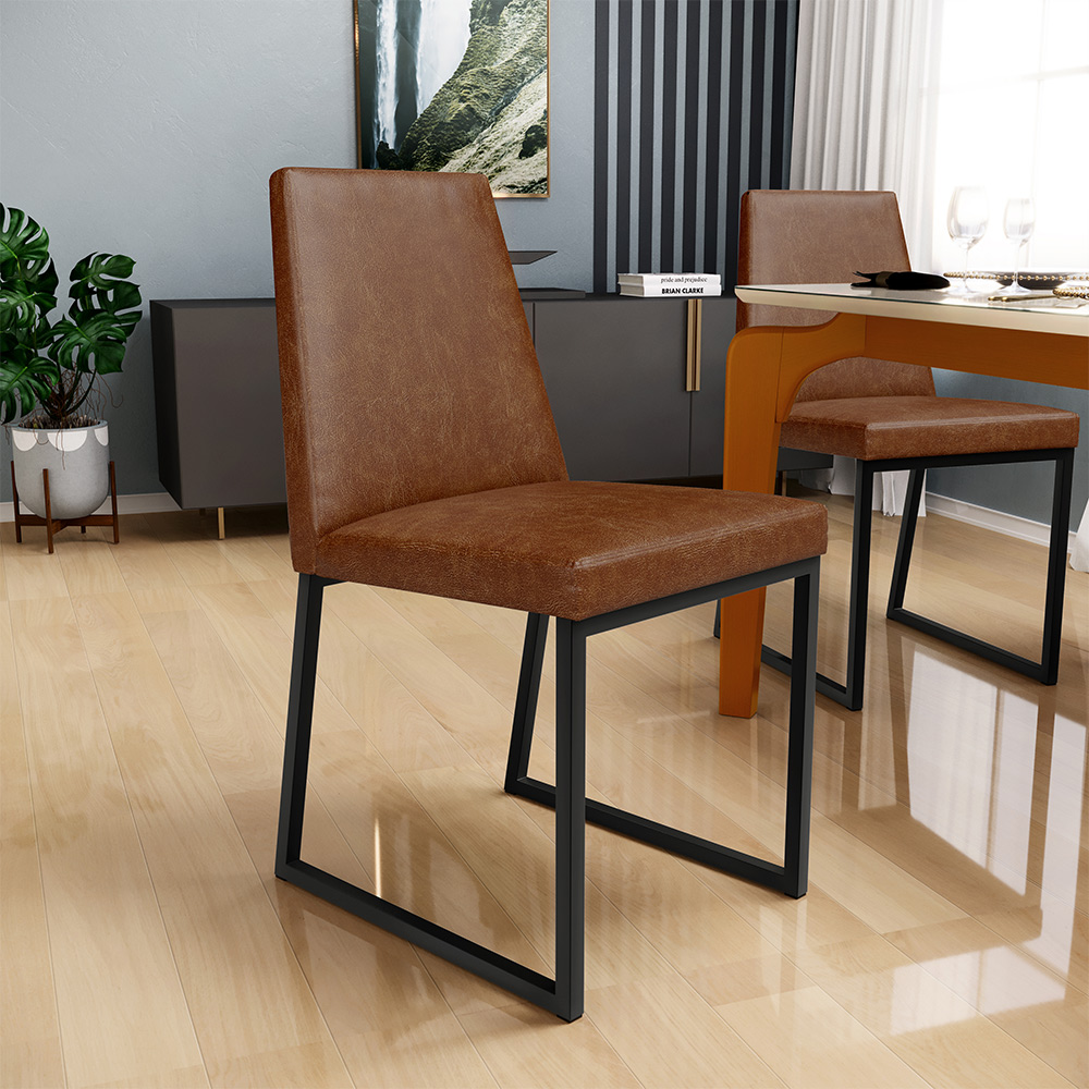 Cadeira Para Sala De Jantar Base Aço Industrial Preto Dafne L02 Couríssimo Marrom - Lyam Decor
