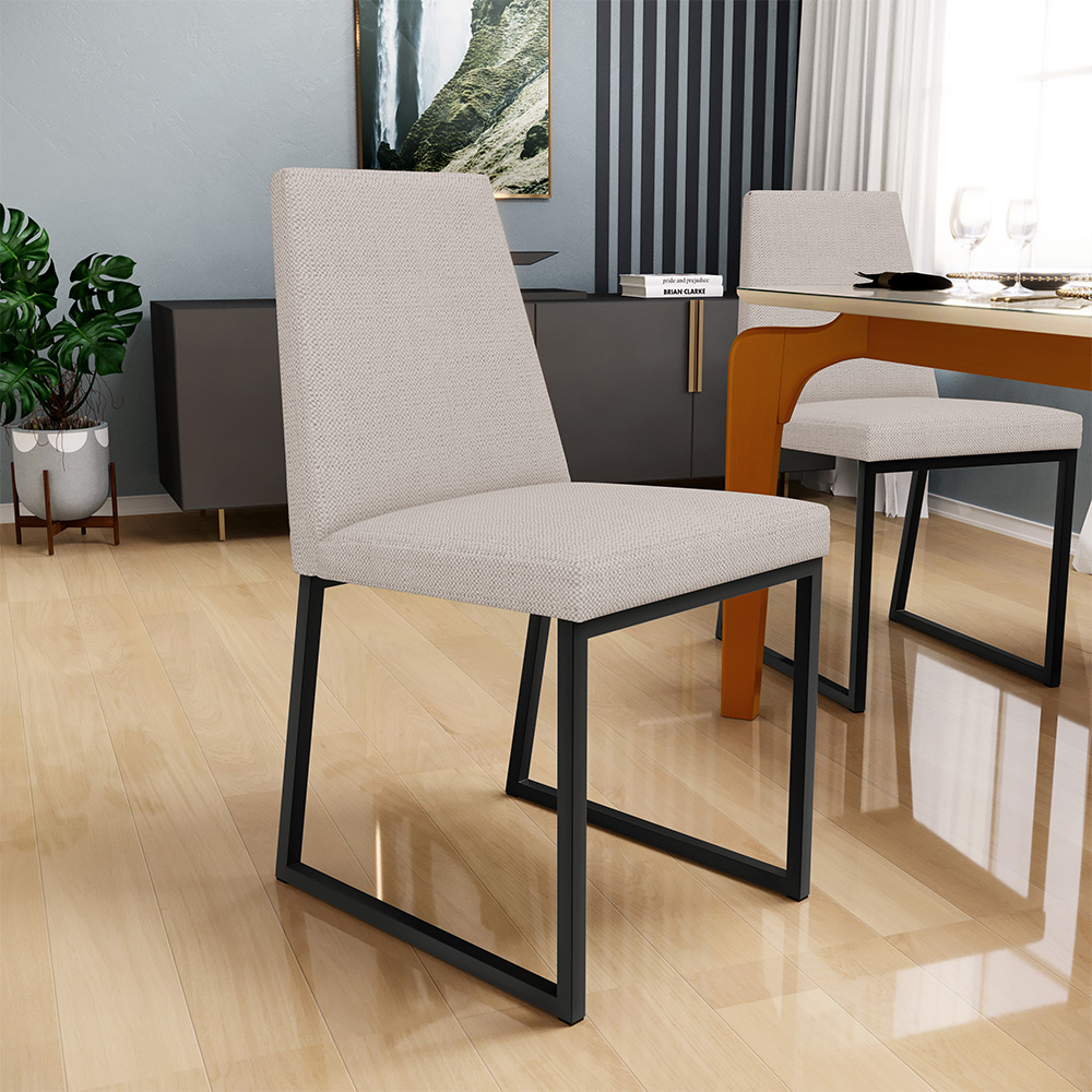 Cadeira Para Sala De Jantar Base Aço Industrial Preto Dafne L02 Linho Bege - Lyam Decor