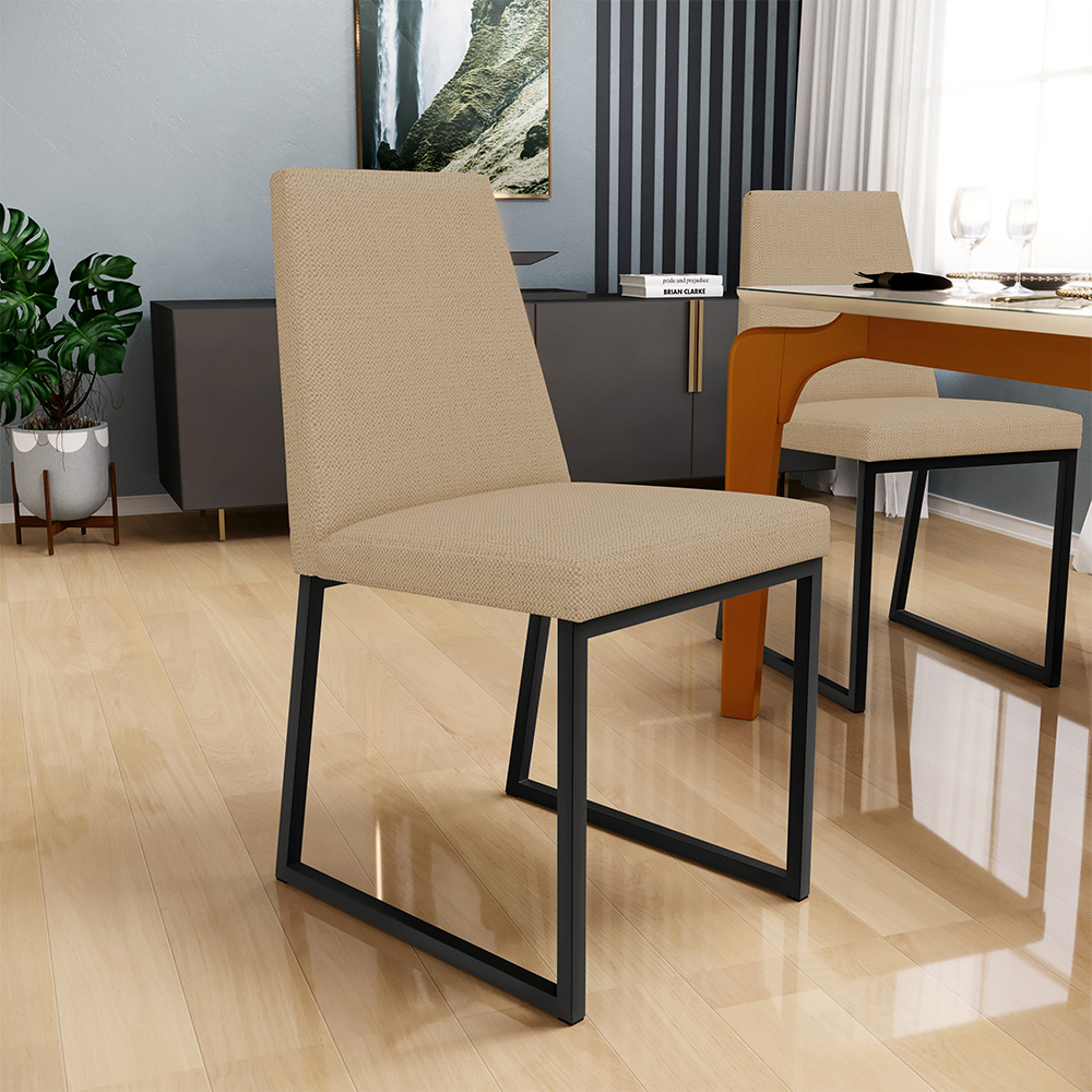 Cadeira Para Sala De Jantar Base Aço Industrial Preto Dafne L02 Linho Bege Escuro - Lyam Decor