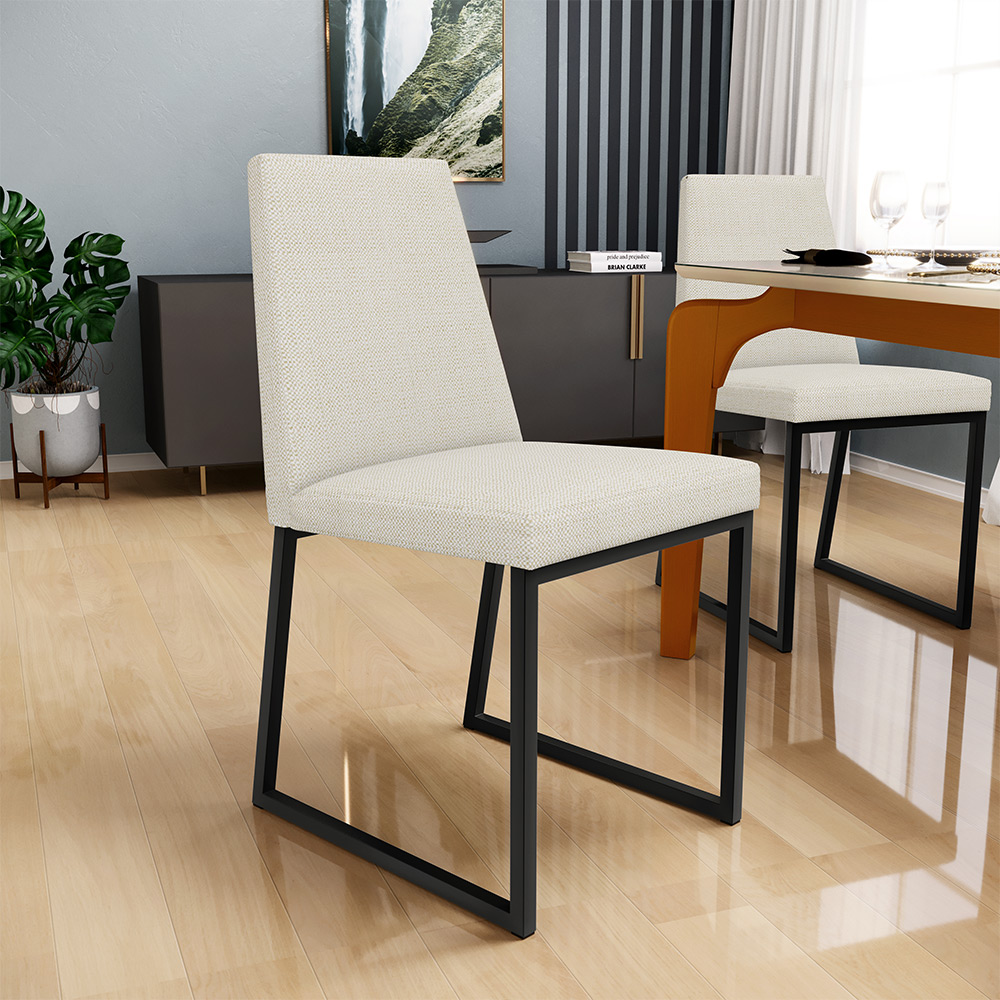 Cadeira Para Sala De Jantar Base Aço Industrial Preto Dafne L02 Linho Champagne - Lyam Decor