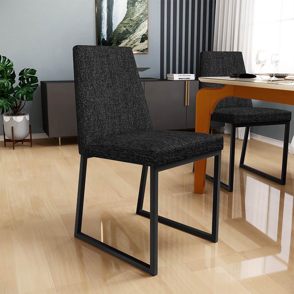 Cadeira Para Sala De Jantar Base Aço Industrial Preto Dafne L02 Linho Chumbo - Lyam Decor