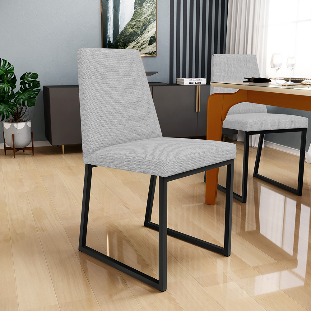 Cadeira Para Sala De Jantar Base Aço Industrial Preto Dafne L02 Linho Cinza - Lyam Decor