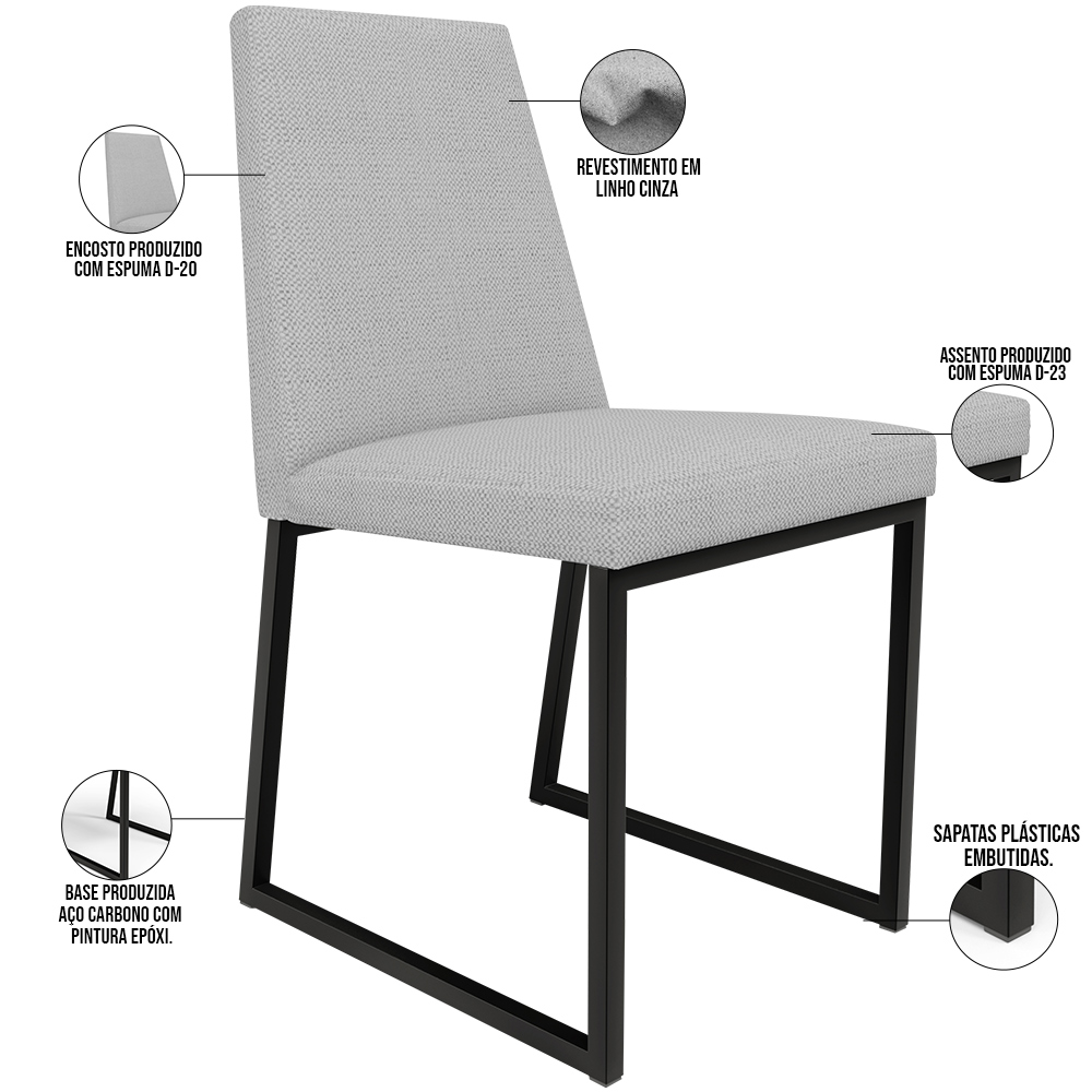 Cadeira Para Sala De Jantar Base Aço Industrial Preto Dafne L02 Linho Cinza - Lyam Decor