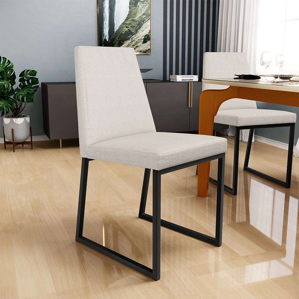 Cadeira Para Sala De Jantar Base Aço Industrial Preto Dafne L02 Linho Cru - Lyam Decor