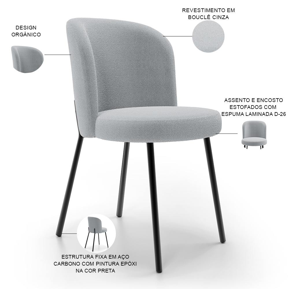 Cadeira Para Sala de Jantar Cozinha Estofada Gavi L02 Bouclê Cinza - Lyam Decor