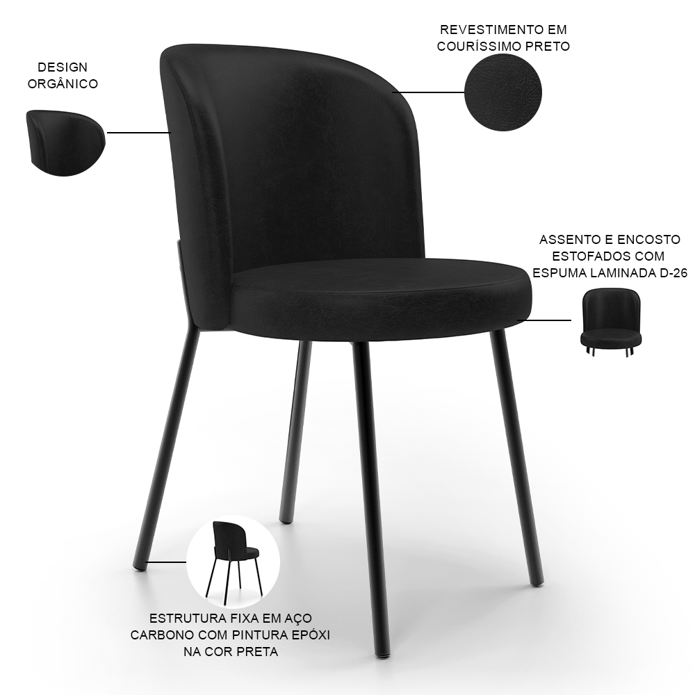 Cadeira Para Sala de Jantar Cozinha Estofada Gavi L02 Couríssimo Preto - Lyam Decor
