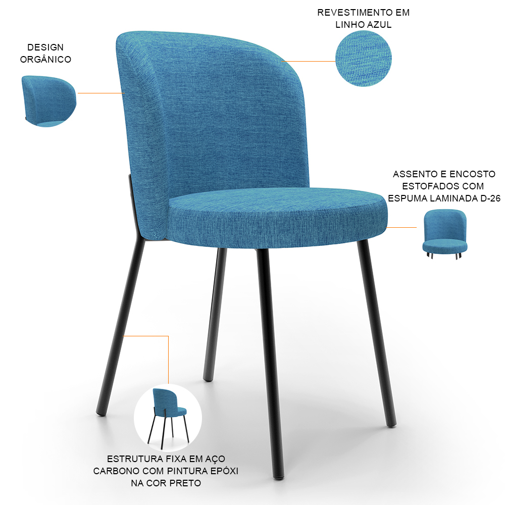 Cadeira Para Sala de Jantar Cozinha Estofada Gavi L02 Linho Azul - Lyam Decor
