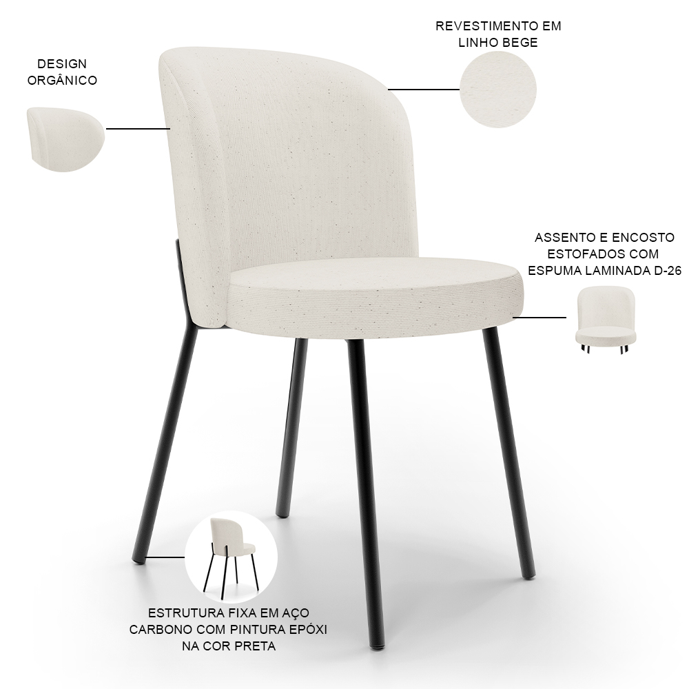 Cadeira Para Sala de Jantar Cozinha Estofada Gavi L02 Linho Bege - Lyam Decor