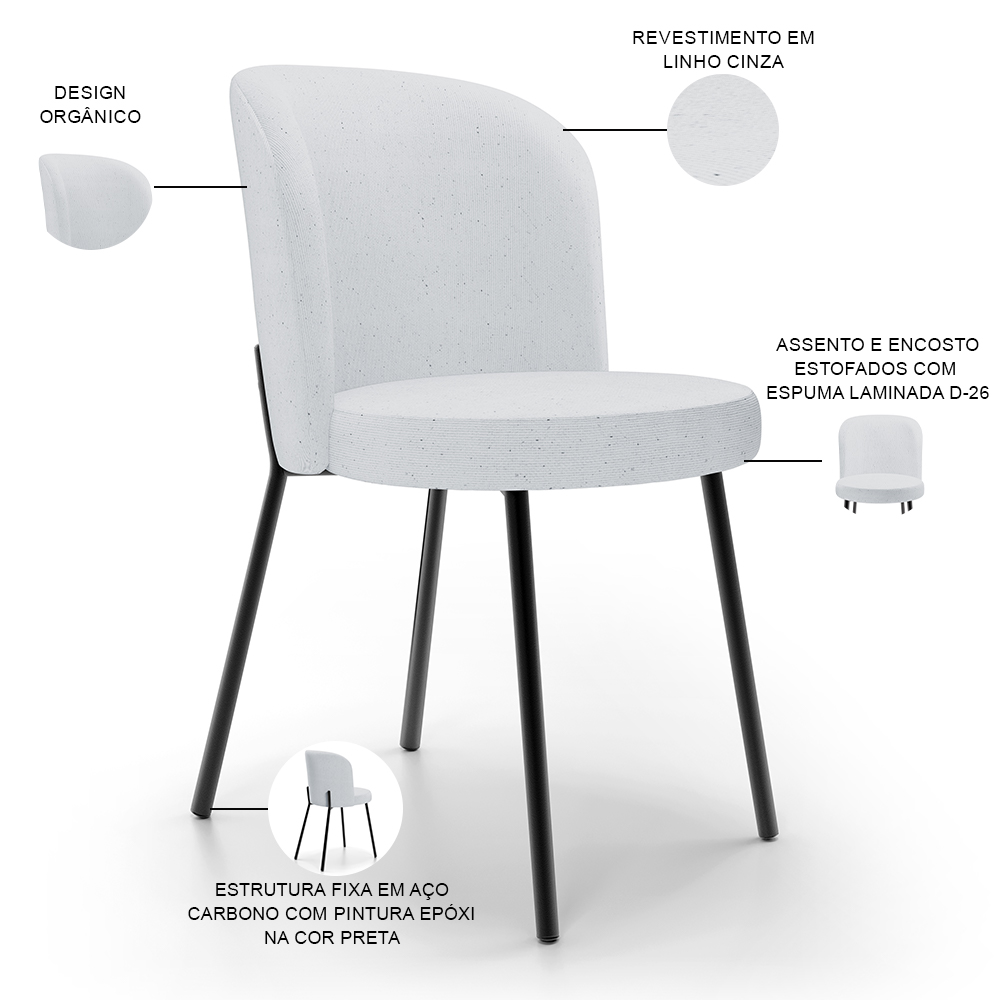 Cadeira Para Sala de Jantar Cozinha Estofada Gavi L02 Linho Cinza - Lyam Decor