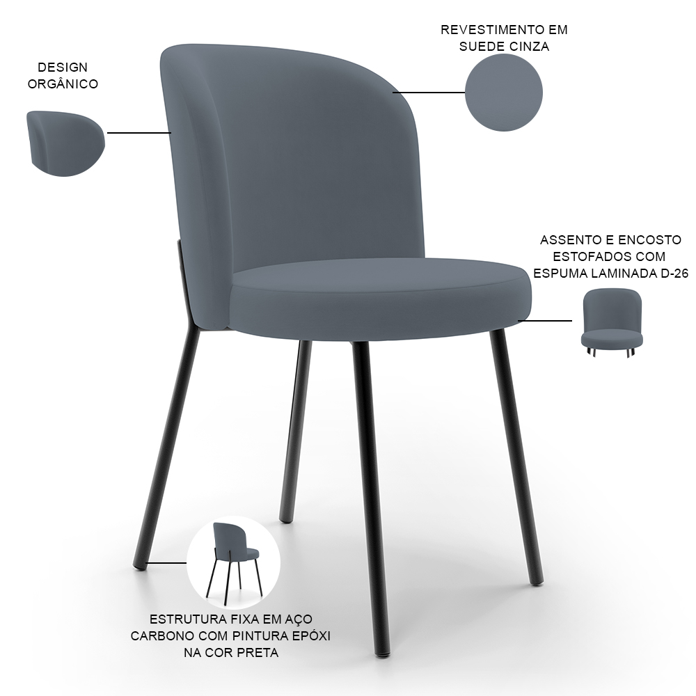 Cadeira Para Sala de Jantar Cozinha Estofada Gavi L02 Suede Cinza - Lyam Decor