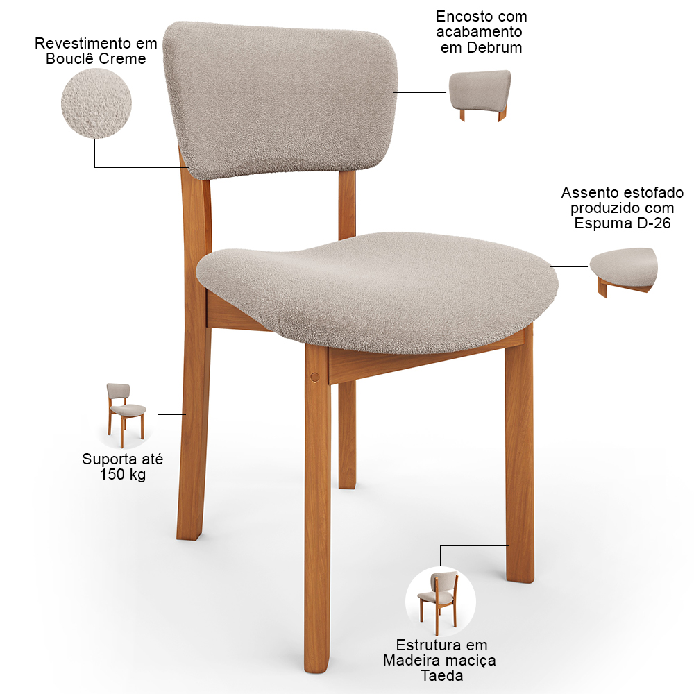 Cadeira Para Sala de Jantar Cozinha Living Estofada Dara L02 Bouclê Creme - Lyam Decor