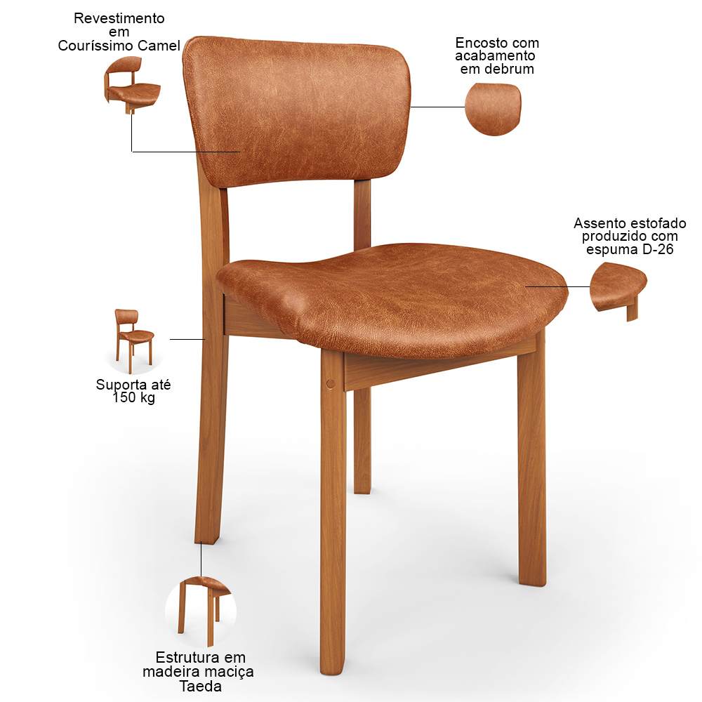 Cadeira Para Sala de Jantar Cozinha Living Estofada Dara L02 Couríssimo Camel - Lyam Decor