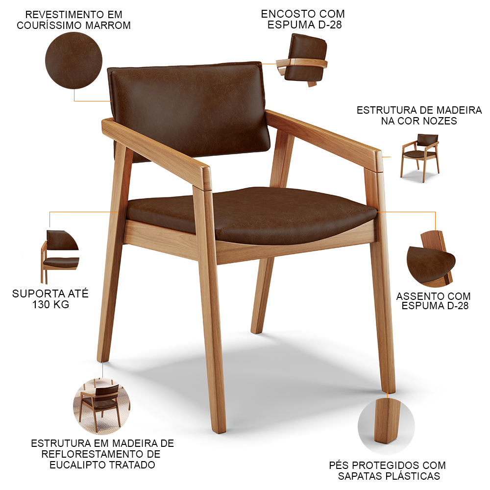Cadeira Para Sala de Jantar Estar Living Giorgia L02 Couríssimo Marrom - Lyam Decor