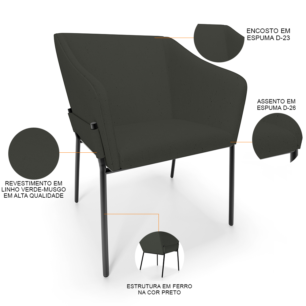 Cadeira Para Sala de Jantar Estar Living Olívia L02  Linho Verde Musgo - Lyam Decor