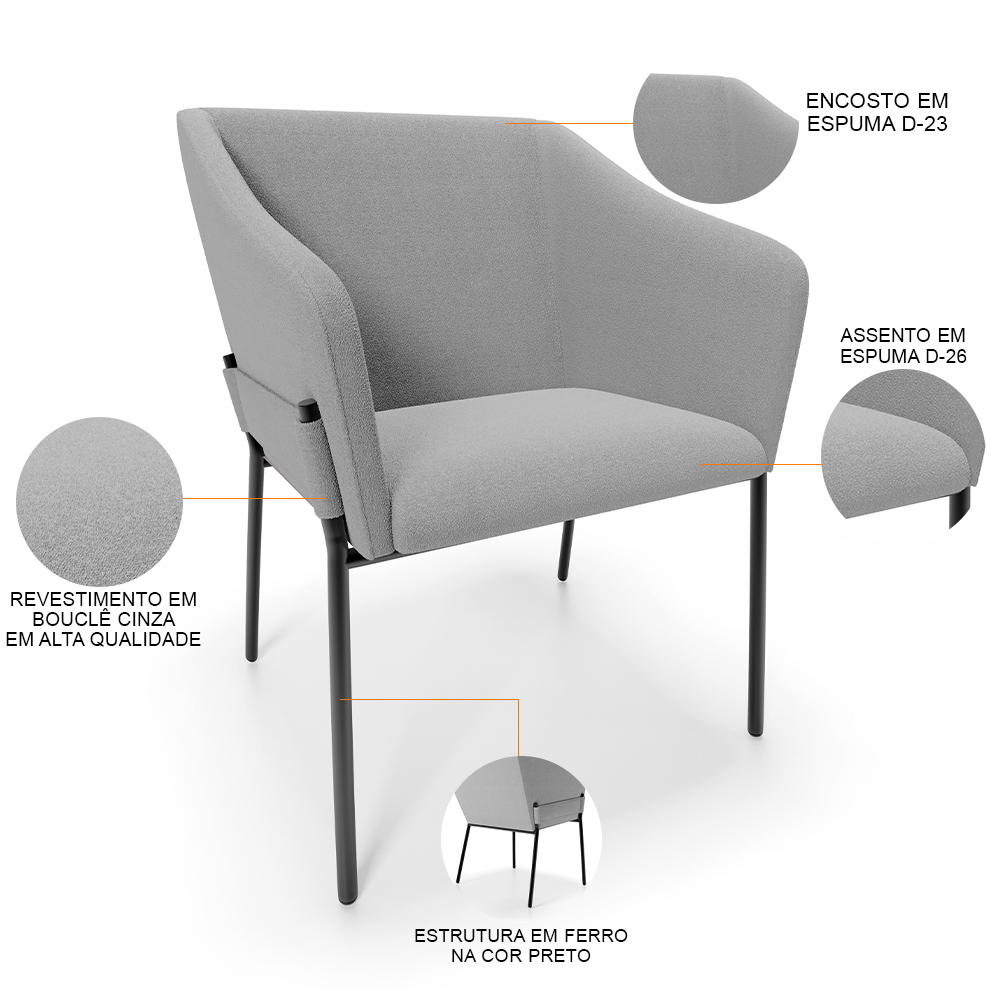 Cadeira Para Sala de Jantar Estar Living Olívia L02 Bouclê Cinza - Lyam Decor