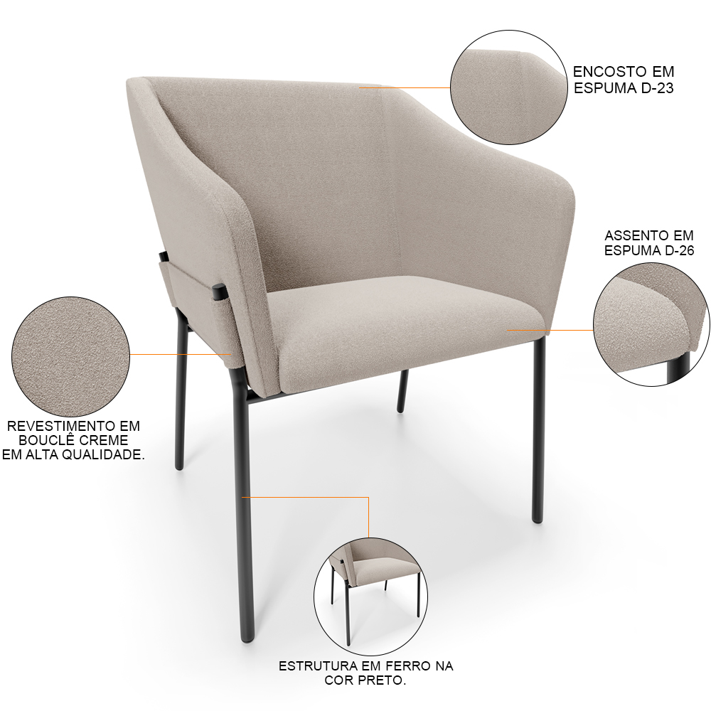 Cadeira Para Sala de Jantar Estar Living Olívia L02 Bouclê Creme - Lyam Decor