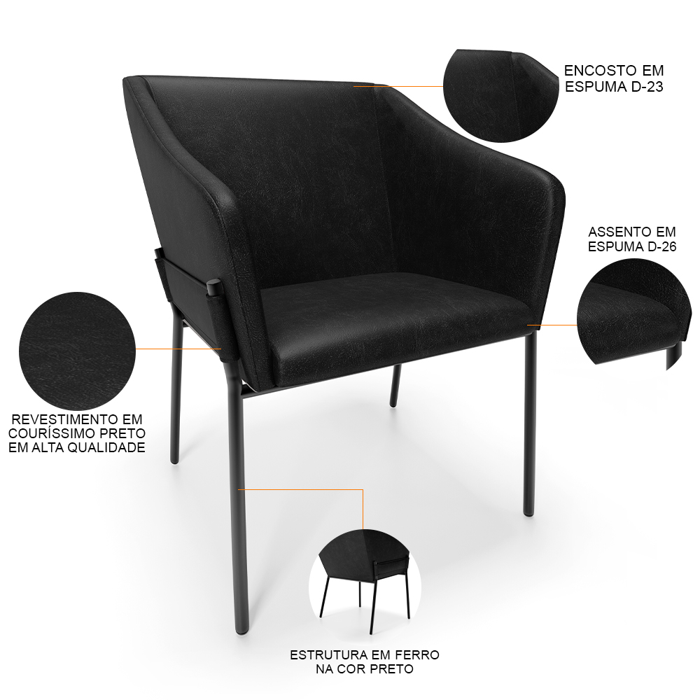 Cadeira Para Sala de Jantar Estar Living Olívia L02 Couríssimo Preto - Lyam Decor