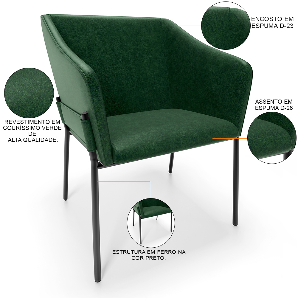 Cadeira Para Sala de Jantar Estar Living Olívia L02 Couríssimo Verde - Lyam Decor