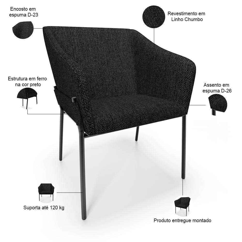 Cadeira Para Sala de Jantar Estar Living Olívia L02 Linho Chumbo - Lyam Decor