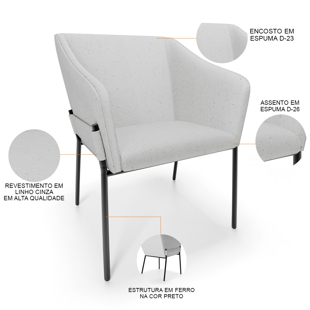 Cadeira Para Sala de Jantar Estar Living Olívia L02 Linho Cinza - Lyam Decor