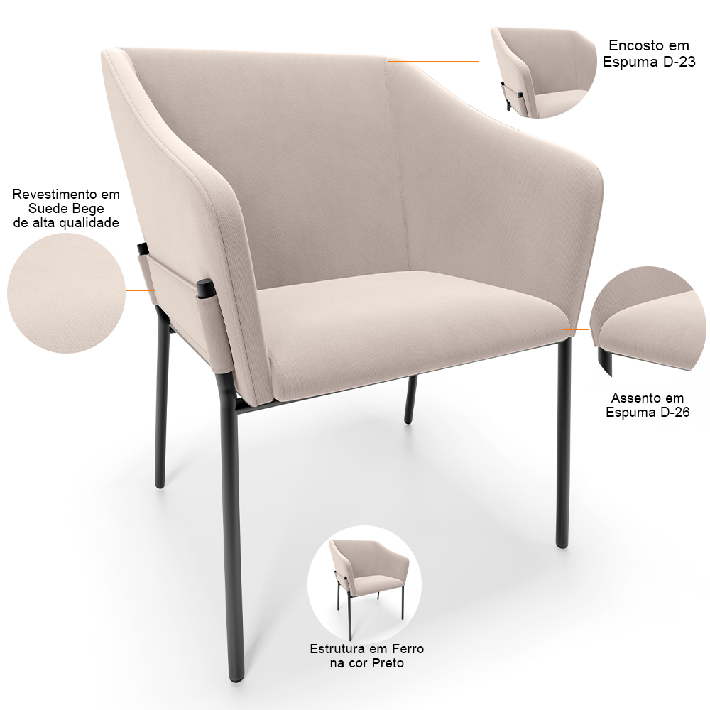 Cadeira Para Sala de Jantar Estar Living Olívia L02 Suede Bege - Lyam Decor
