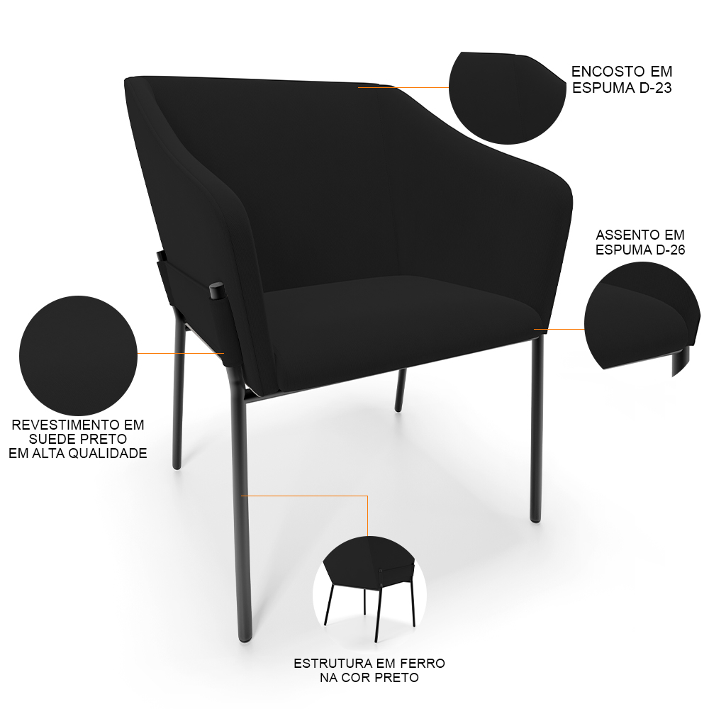 Cadeira Para Sala de Jantar Estar Living Olívia L02 Suede Preto - Lyam Decor