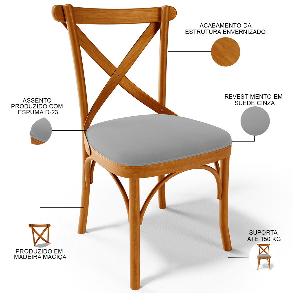 Cadeira Para Sala de Jantar e Estar Living Estofada Ávila L02 Suede Cinza - Lyam