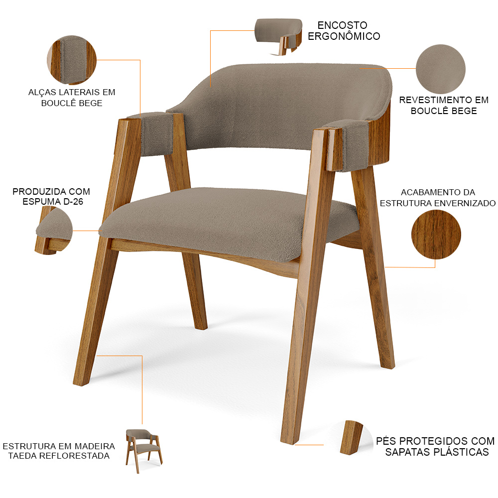 Cadeira Para Sala de Jantar e Estar Living Estofada Suran L02 Bouclê Bege - Lyam