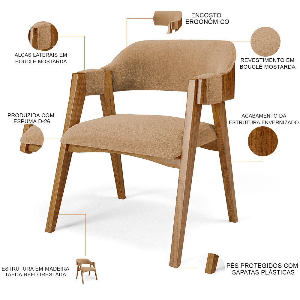 Cadeira Para Sala de Jantar e Estar Living Estofada Suran L02 Bouclê Mostarda - Lyam