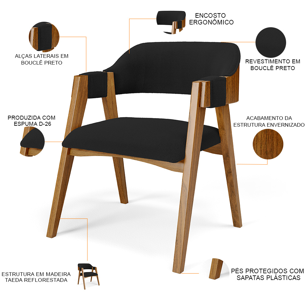 Cadeira Para Sala de Jantar e Estar Living Estofada Suran L02 Bouclê Preto - Lyam