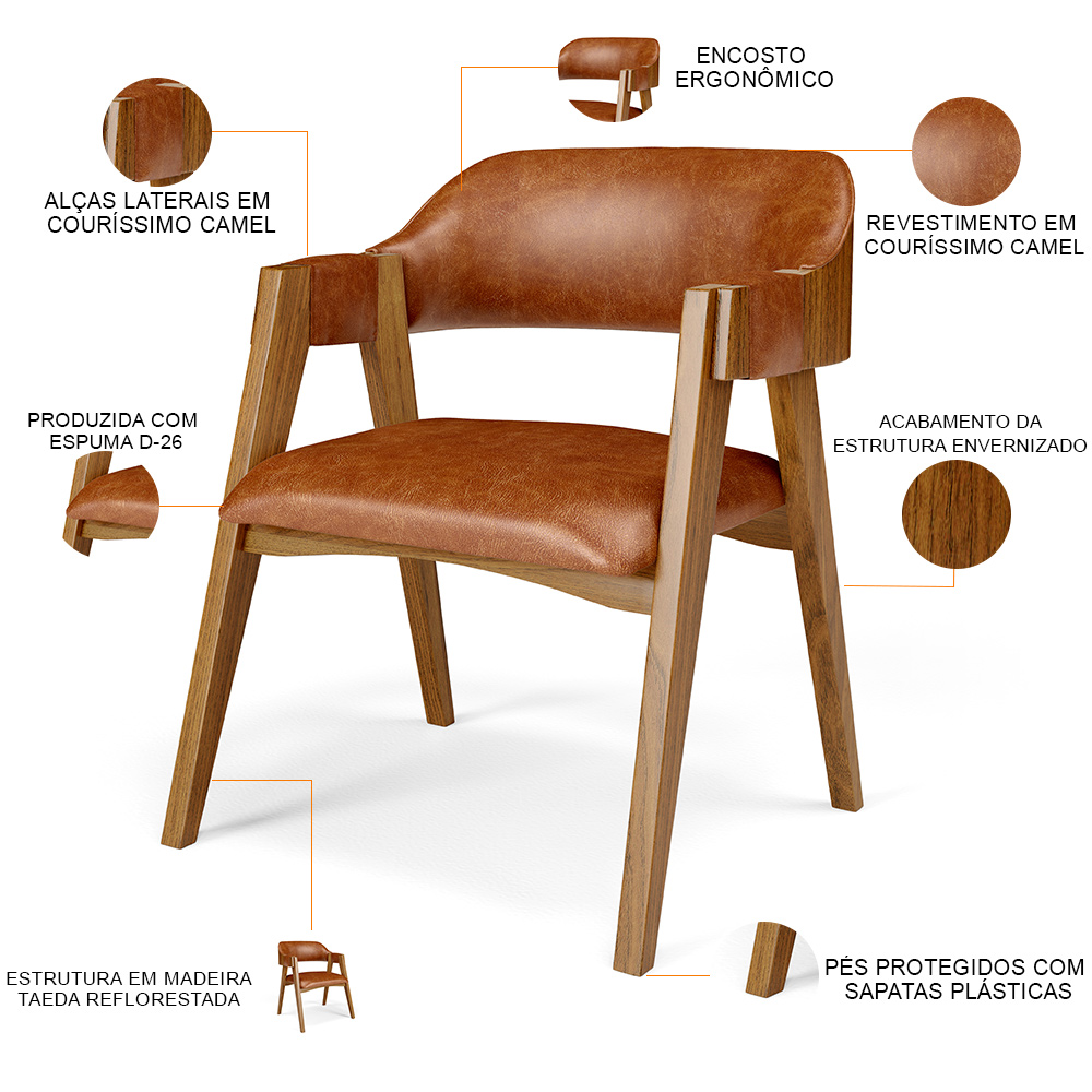 Cadeira Para Sala de Jantar e Estar Living Estofada Suran L02 Couríssimo Camel - Lyam